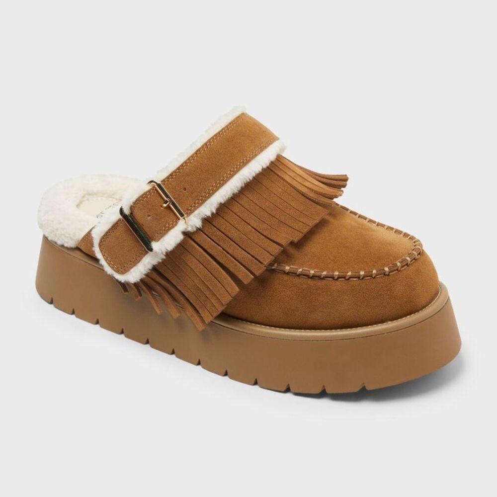 Women's Freda Convertible Clog Fringe Slippers - Wild Fable Chestnut Fringe 9
